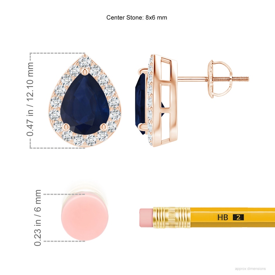 8x6mm A Pear-Shaped Sapphire Halo Stud Earrings in Rose Gold ruler