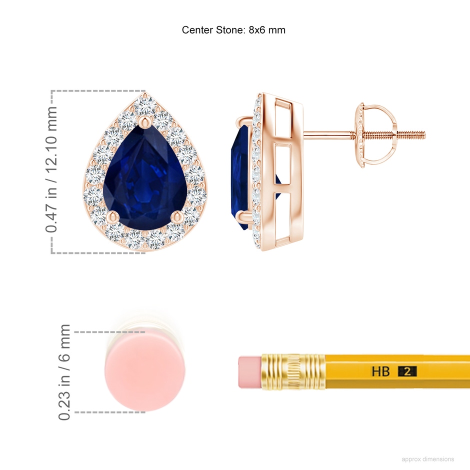 8x6mm AA Pear-Shaped Sapphire Halo Stud Earrings in Rose Gold ruler