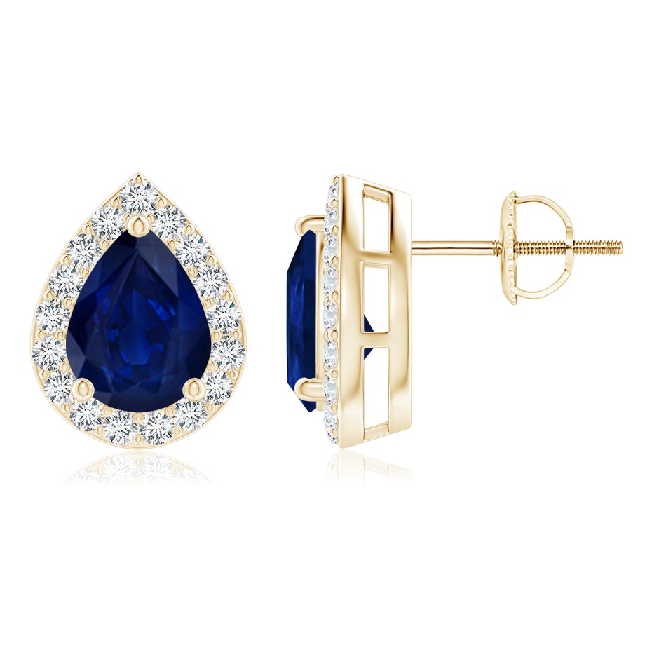 8x6mm AA Pear-Shaped Sapphire Halo Stud Earrings in Yellow Gold 