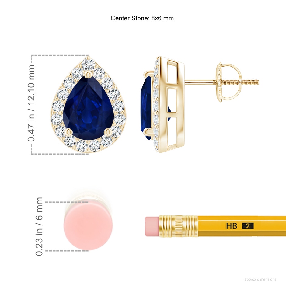 8x6mm AA Pear-Shaped Sapphire Halo Stud Earrings in Yellow Gold ruler