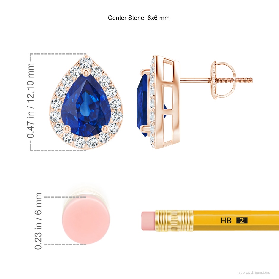 8x6mm AAA Pear-Shaped Sapphire Halo Stud Earrings in Rose Gold ruler