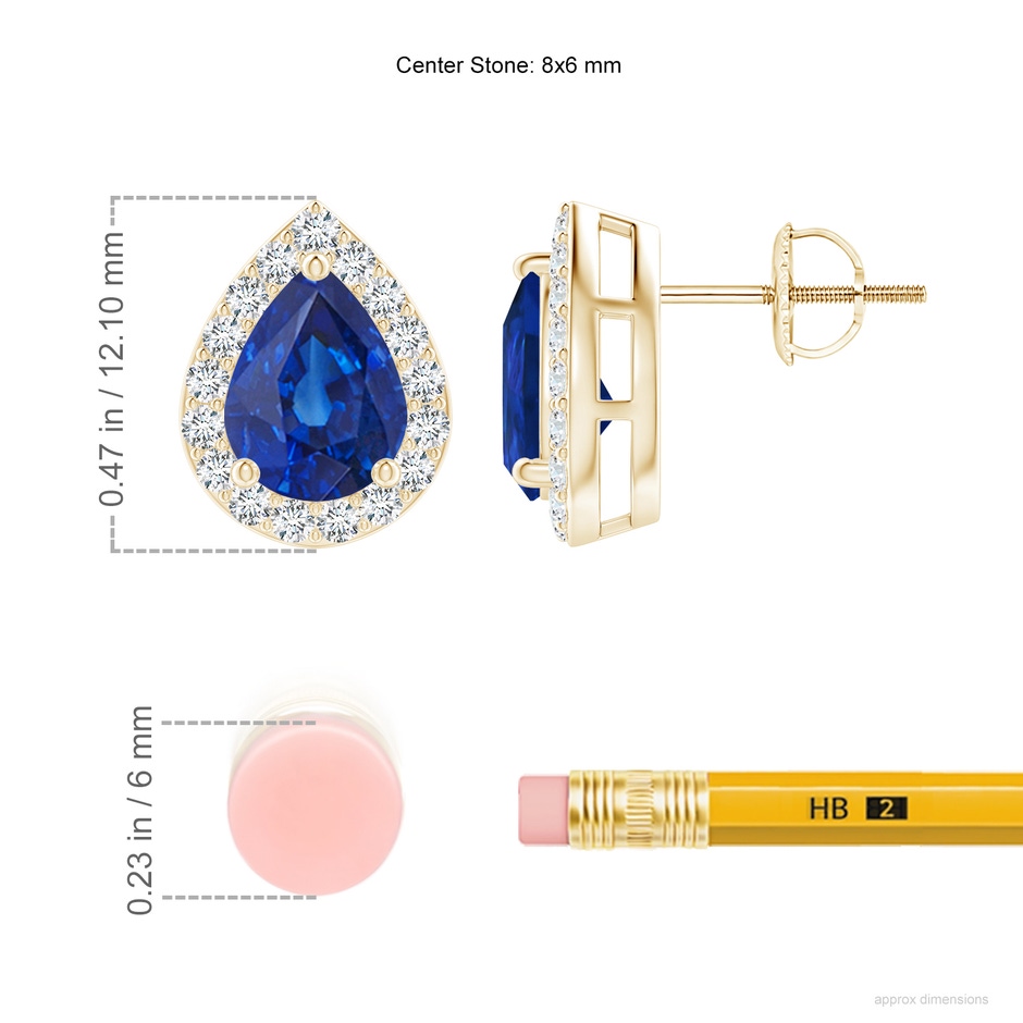 8x6mm AAA Pear-Shaped Sapphire Halo Stud Earrings in Yellow Gold ruler