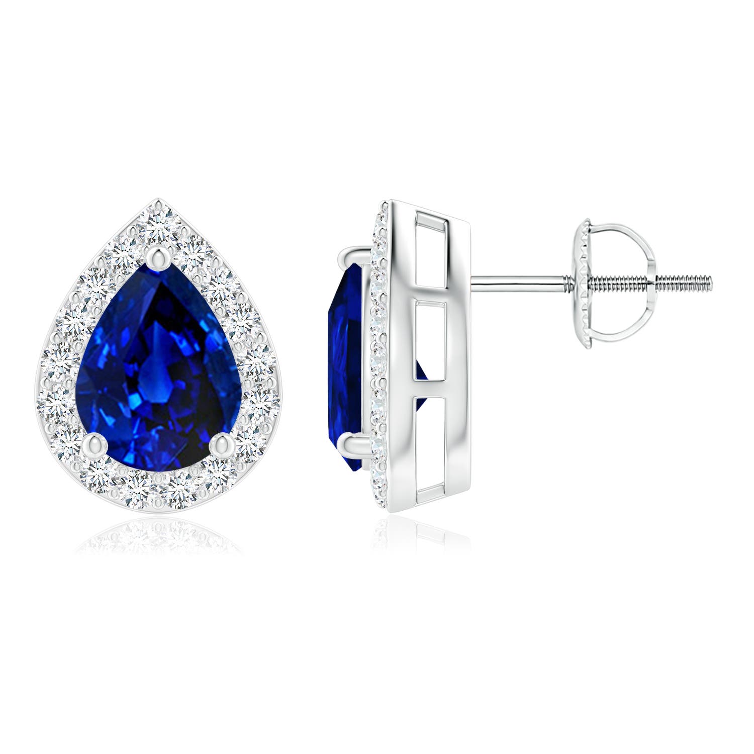 8x6mm AAAA Pear-Shaped Sapphire Halo Stud Earrings in 18K White Gold