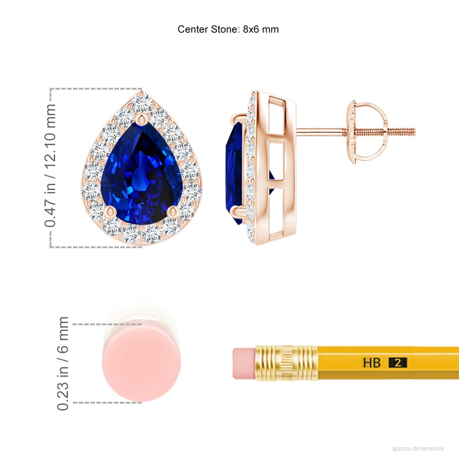 8x6mm AAAA Pear-Shaped Sapphire Halo Stud Earrings in Rose Gold ruler