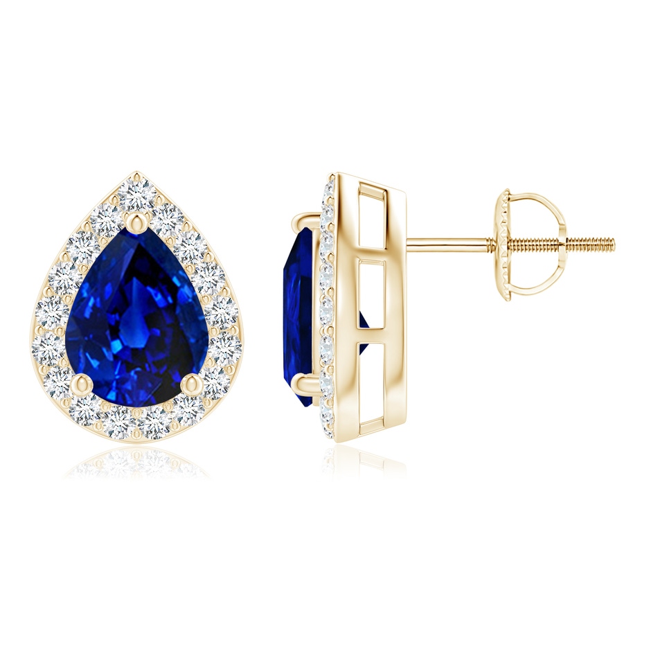 8x6mm Lab-Grown Pear-Shaped Sapphire Halo Stud Earrings in Yellow Gold 