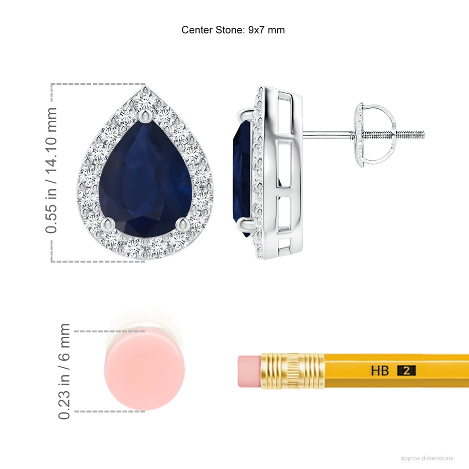 9x7mm A Pear-Shaped Sapphire Halo Stud Earrings in 18K White Gold ruler