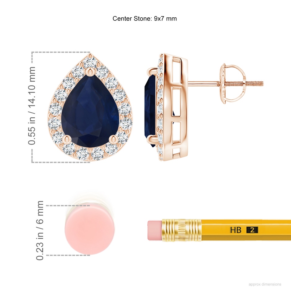 9x7mm A Pear-Shaped Sapphire Halo Stud Earrings in Rose Gold ruler