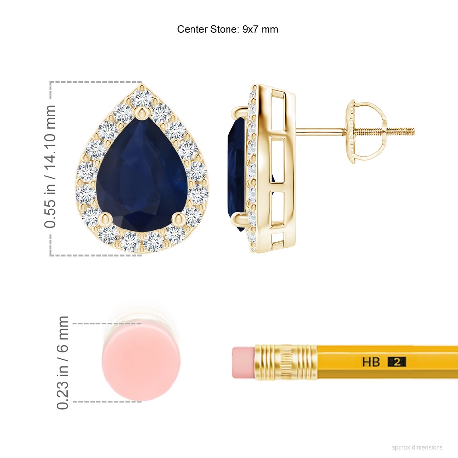 9x7mm A Pear-Shaped Sapphire Halo Stud Earrings in Yellow Gold ruler