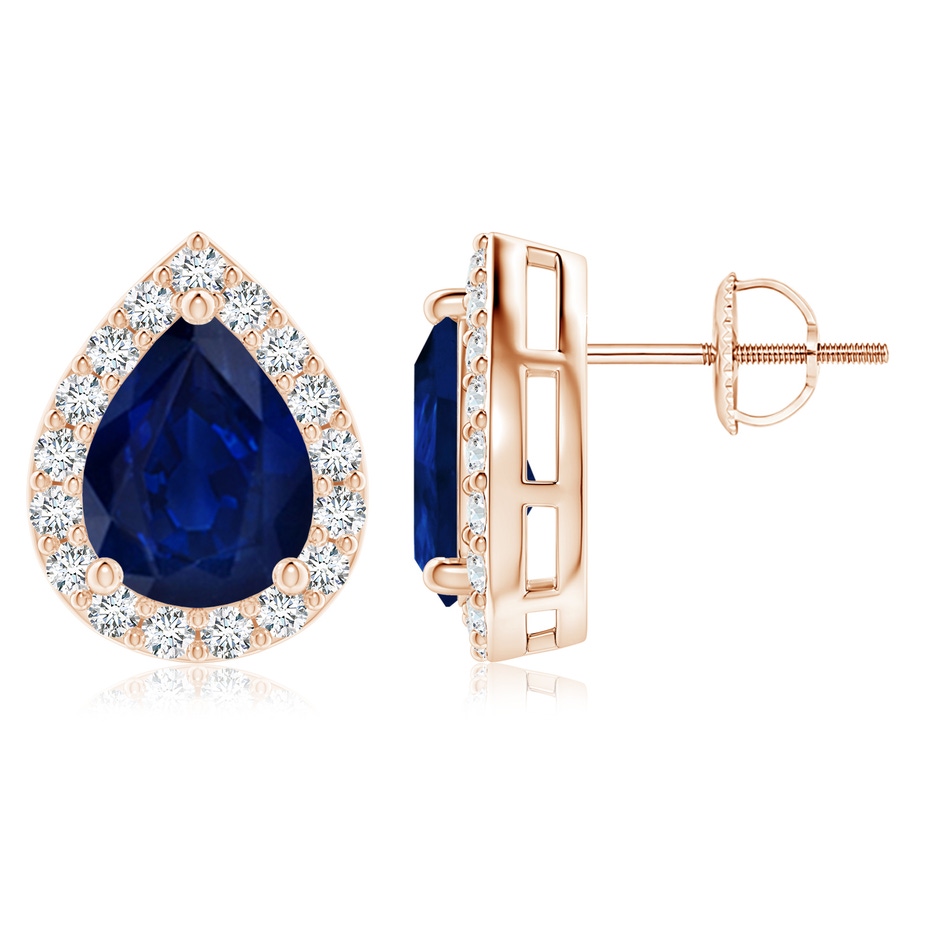 9x7mm AA Pear-Shaped Sapphire Halo Stud Earrings in 18K Rose Gold 