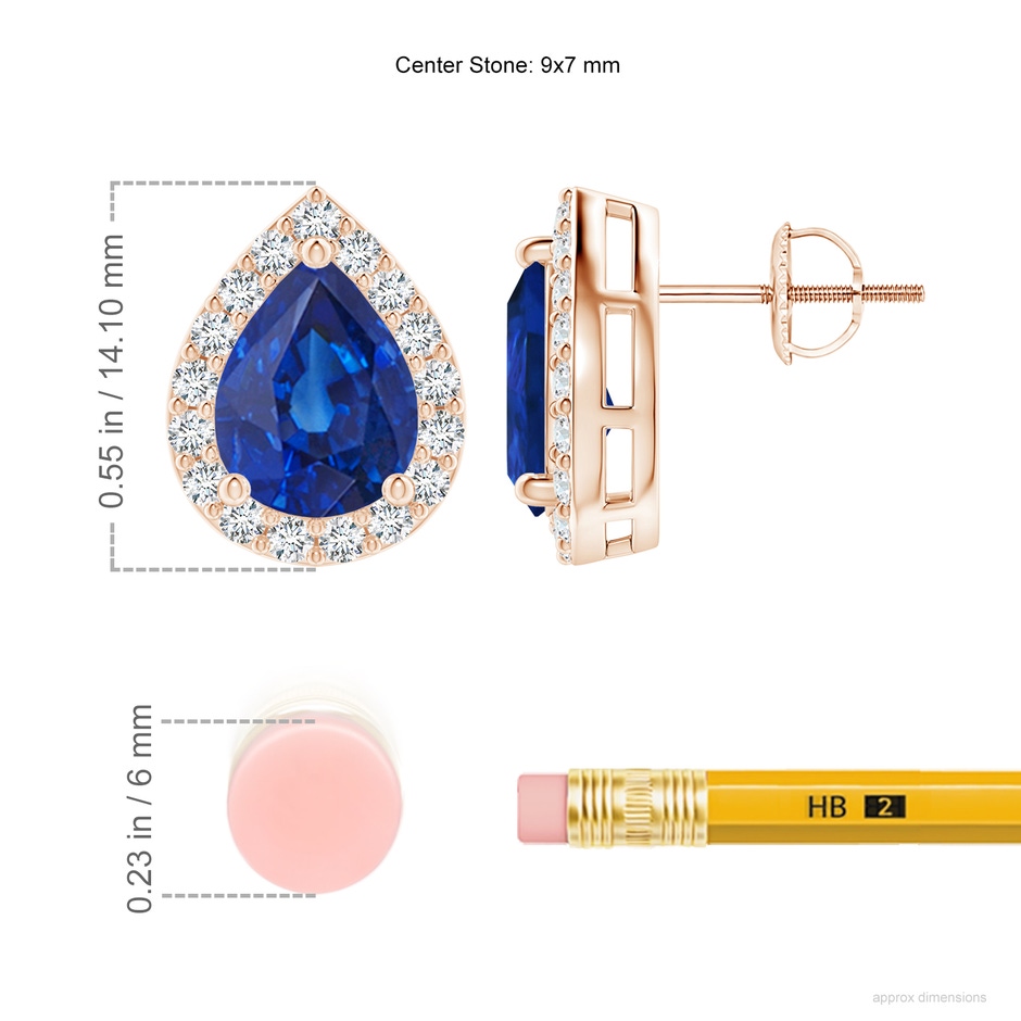 9x7mm AAA Pear-Shaped Sapphire Halo Stud Earrings in 18K Rose Gold ruler