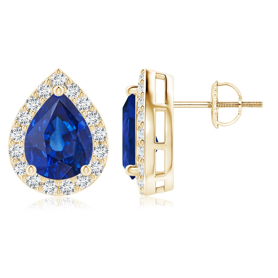9x7mm AAA Pear-Shaped Sapphire Halo Stud Earrings in Yellow Gold 