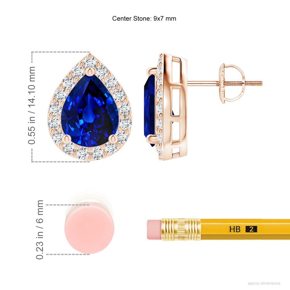9x7mm AAAA Pear-Shaped Sapphire Halo Stud Earrings in Rose Gold ruler