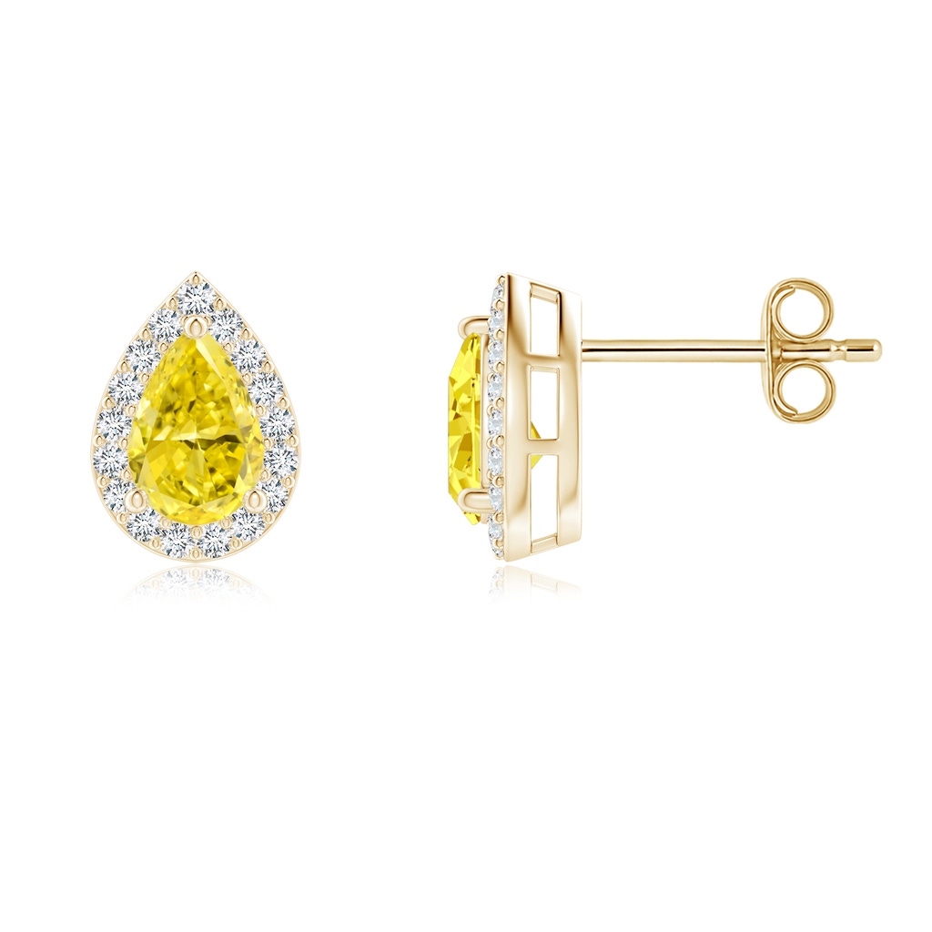 6x4mm AAAA Pear-Shaped Fancy Intense Yellow Diamond Halo Stud Earrings in Yellow Gold