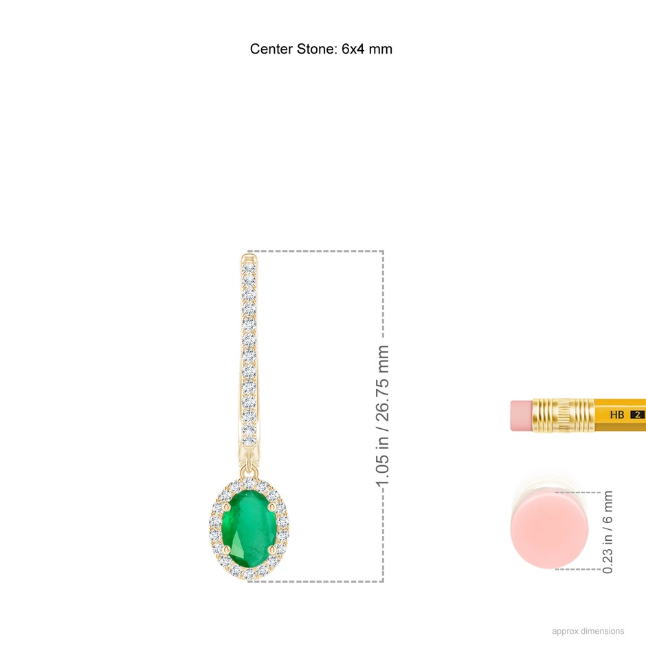 6x4mm A Oval Emerald Halo Huggie Hoop Drop Earrings in Yellow Gold ruler