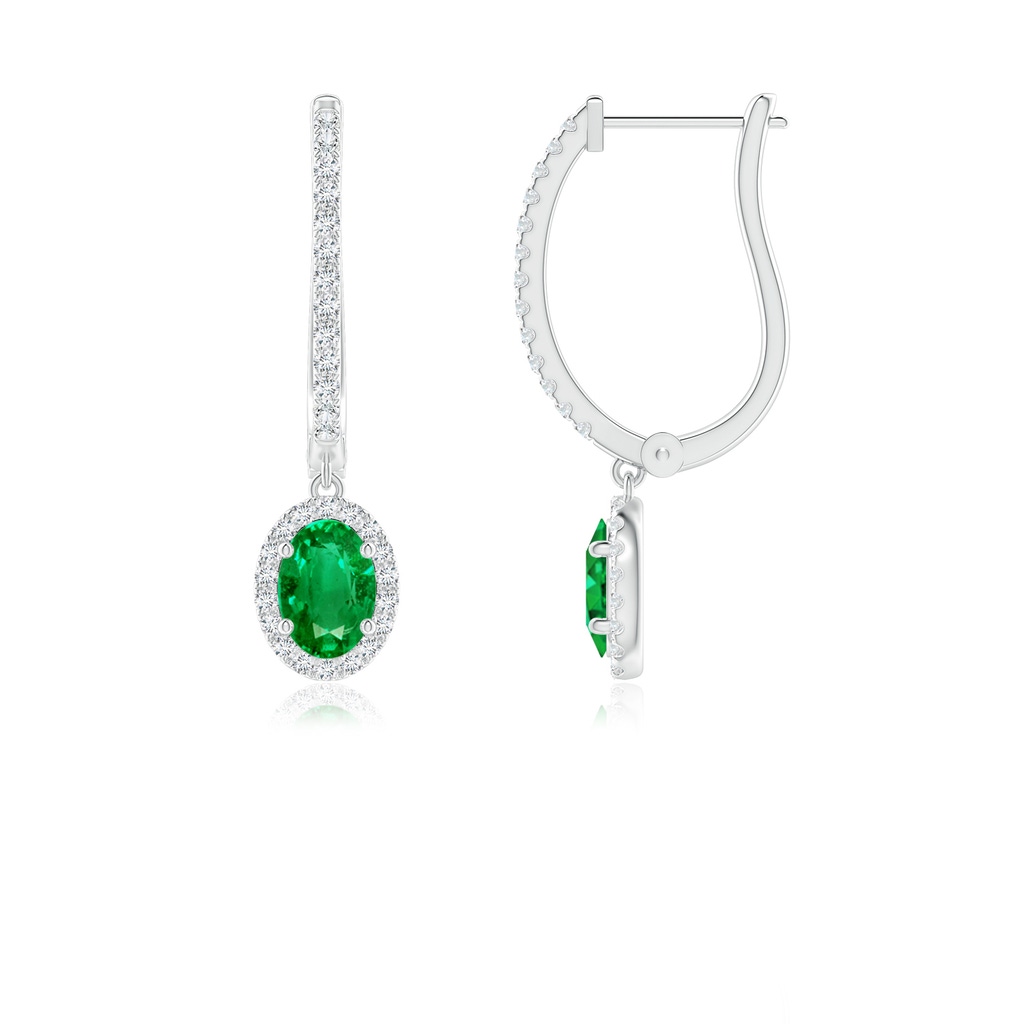 6x4mm AAA Oval Emerald Halo Huggie Hoop Drop Earrings in White Gold