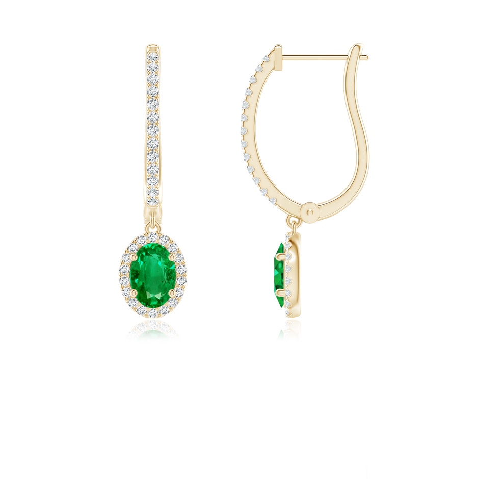 6x4mm AAA Oval Emerald Halo Huggie Hoop Drop Earrings in Yellow Gold 