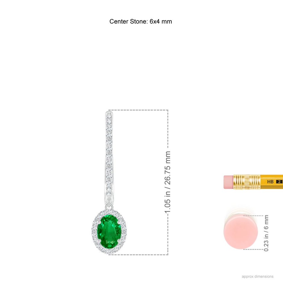 6x4mm AAAA Oval Emerald Halo Huggie Hoop Drop Earrings in P950 Platinum ruler
