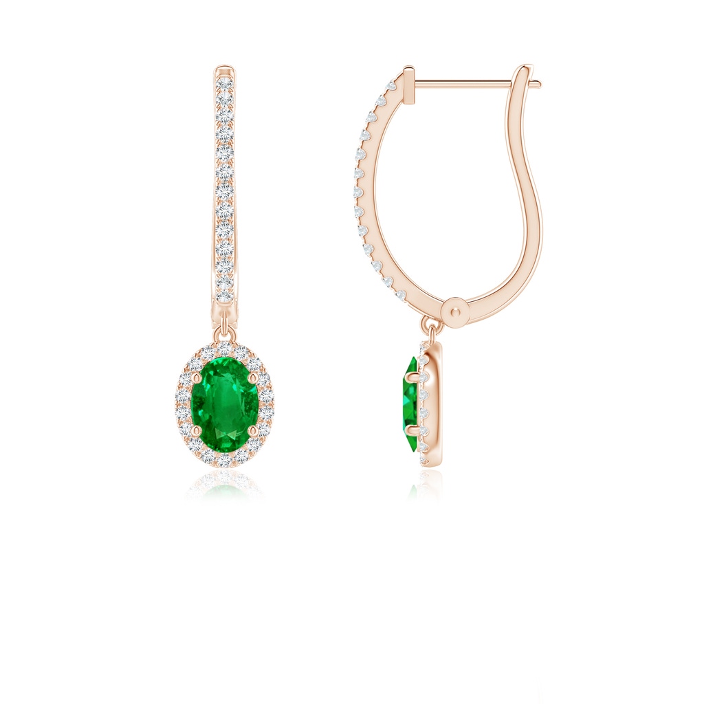 6x4mm AAAA Oval Emerald Halo Huggie Hoop Drop Earrings in Rose Gold