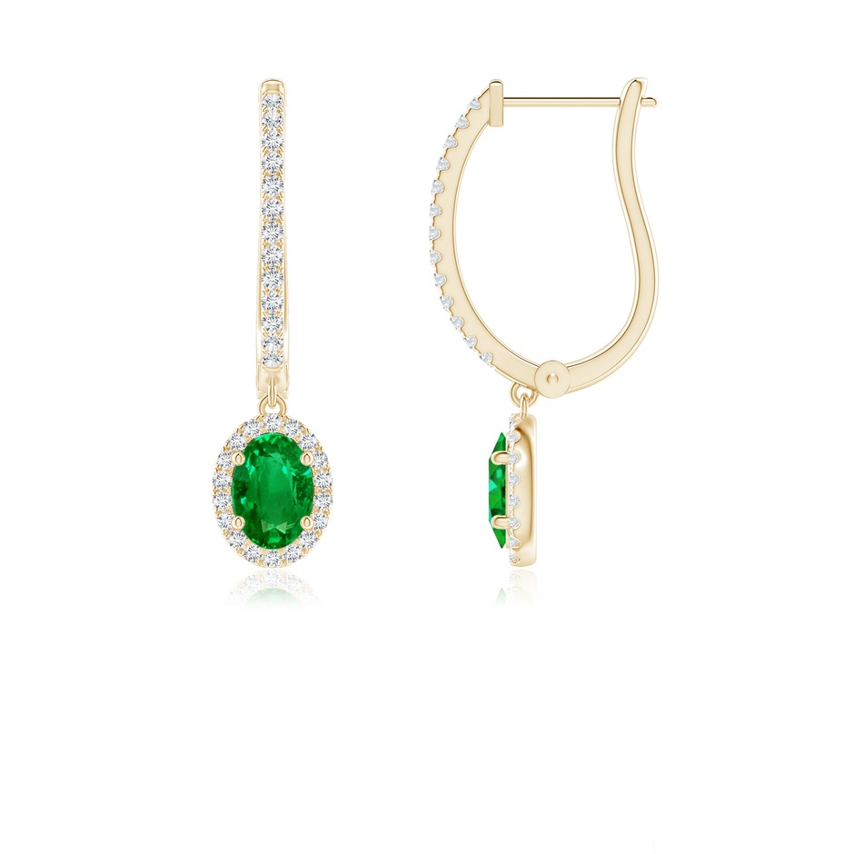 6x4mm AAAA Oval Emerald Halo Huggie Hoop Drop Earrings in Yellow Gold 