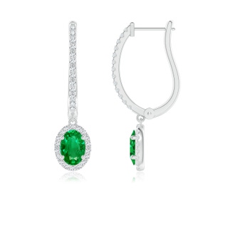 7x5mm AAA Oval Emerald Halo Huggie Hoop Drop Earrings in P950 Platinum