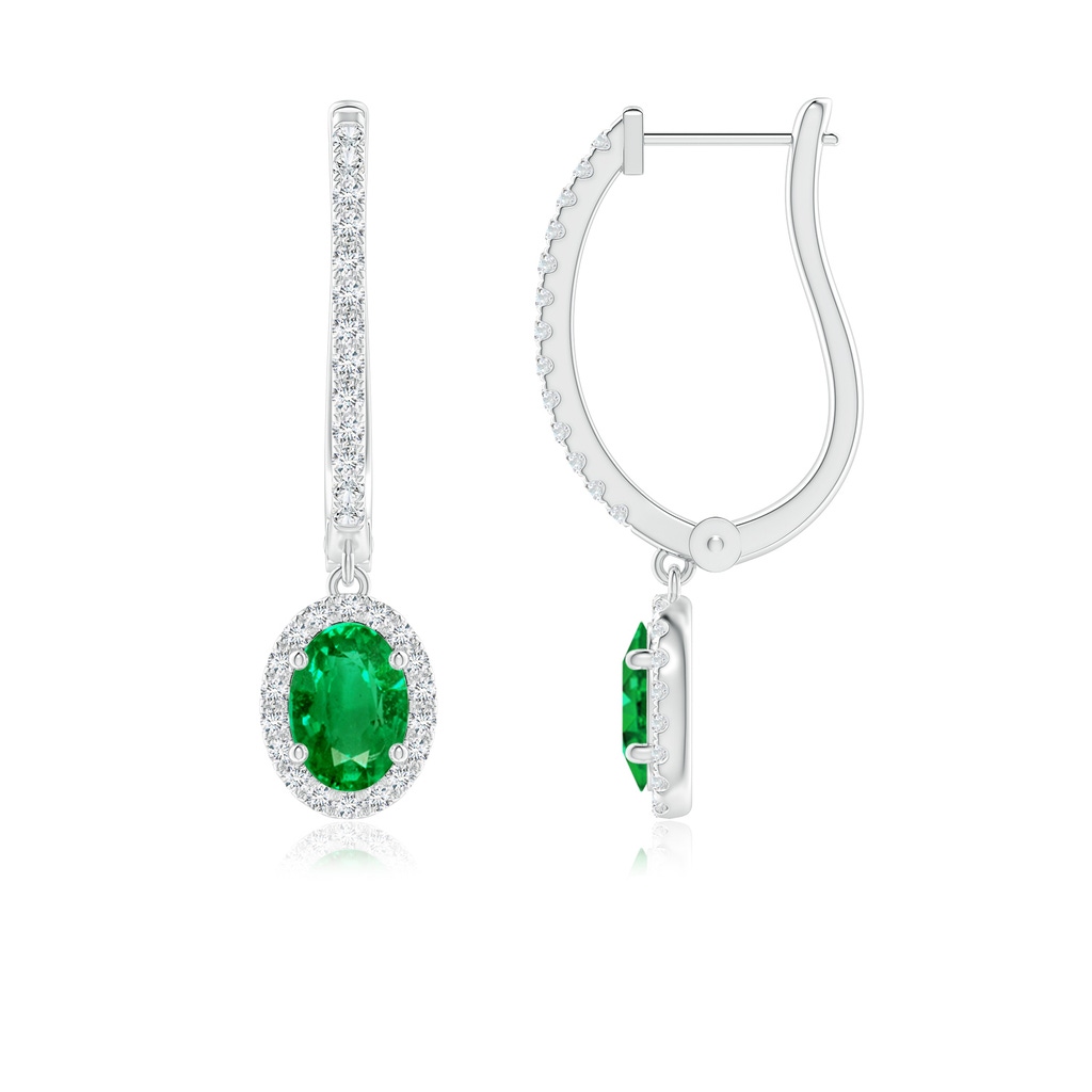7x5mm AAA Oval Emerald Halo Huggie Hoop Drop Earrings in White Gold