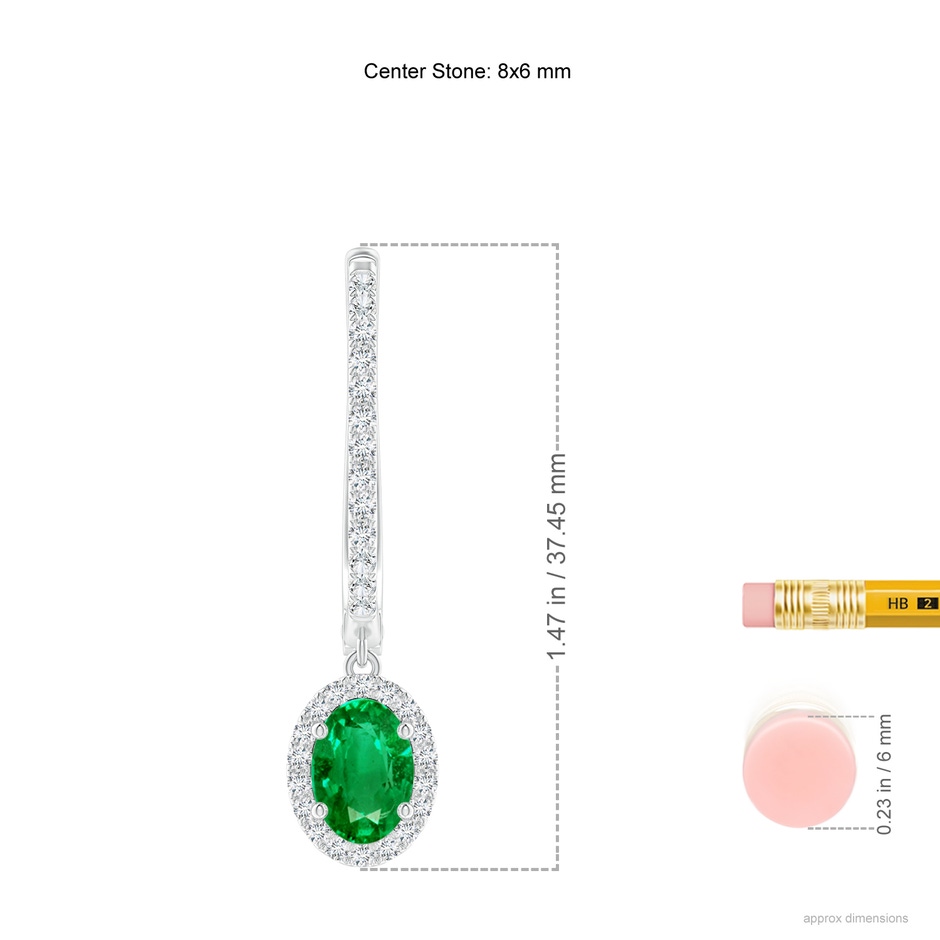 8x6mm AAA Oval Emerald Halo Huggie Hoop Drop Earrings in P950 Platinum ruler