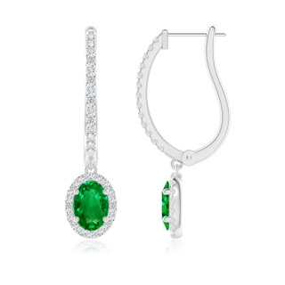 8x6mm AAAA Oval Emerald Halo Huggie Hoop Drop Earrings in P950 Platinum