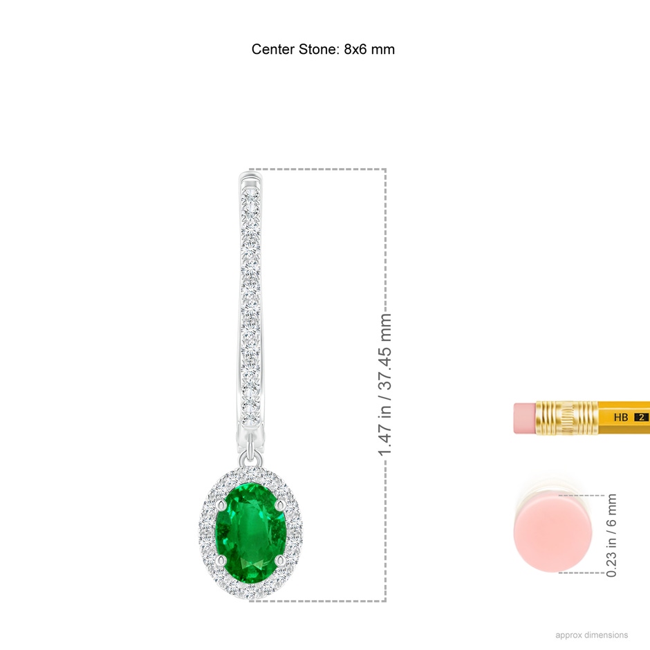8x6mm AAAA Oval Emerald Halo Huggie Hoop Drop Earrings in P950 Platinum ruler