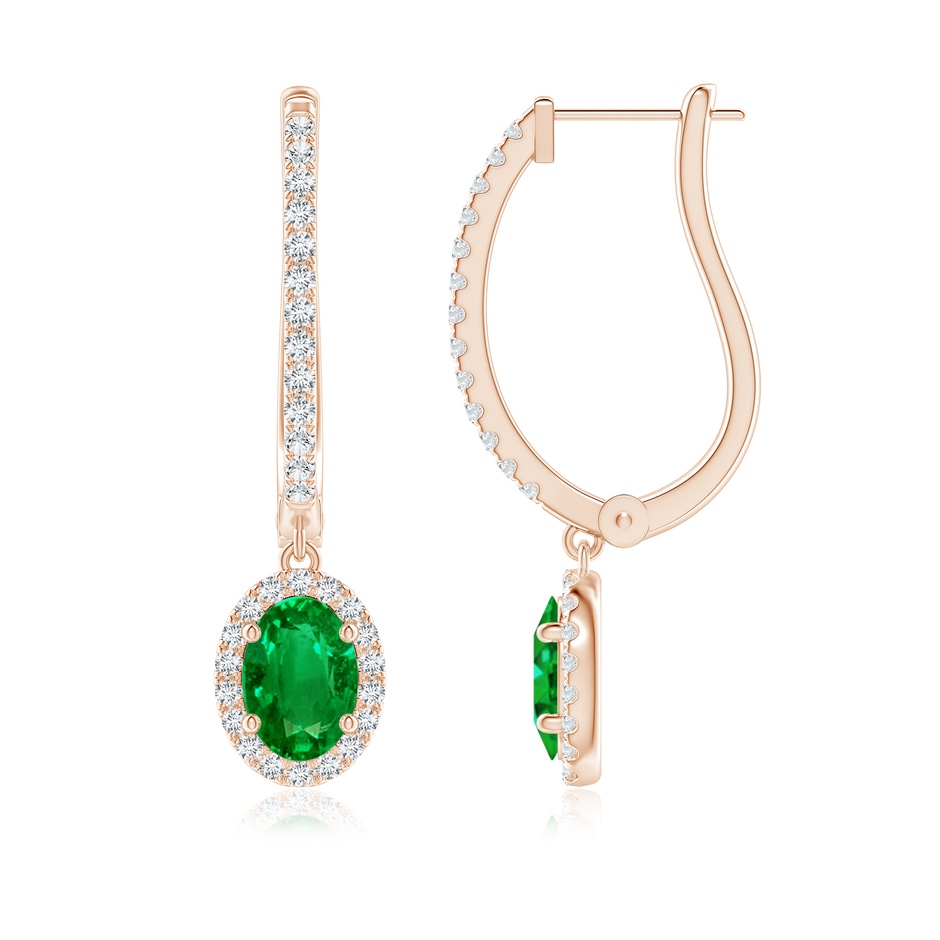 8x6mm AAAA Oval Emerald Halo Huggie Hoop Drop Earrings in Rose Gold 