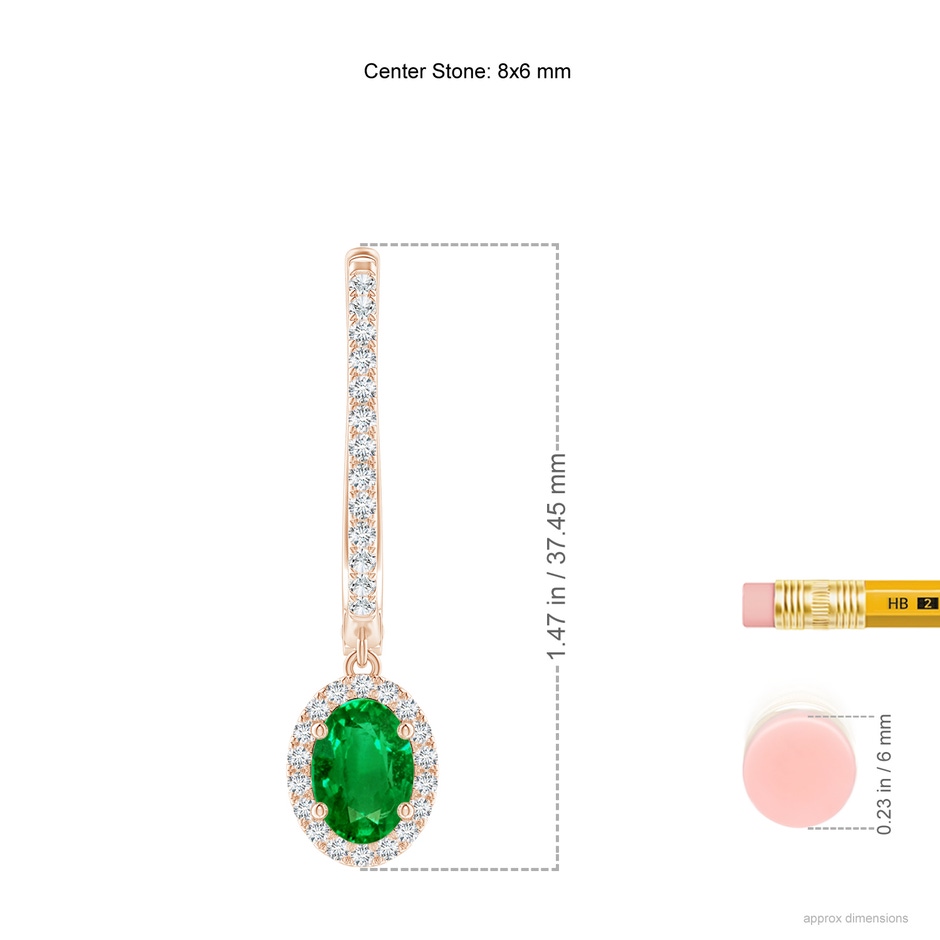 8x6mm AAAA Oval Emerald Halo Huggie Hoop Drop Earrings in Rose Gold ruler