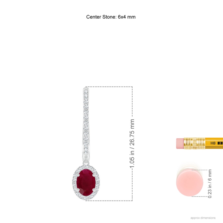 6x4mm A Oval Ruby Halo Huggie Hoop Drop Earrings in White Gold ruler