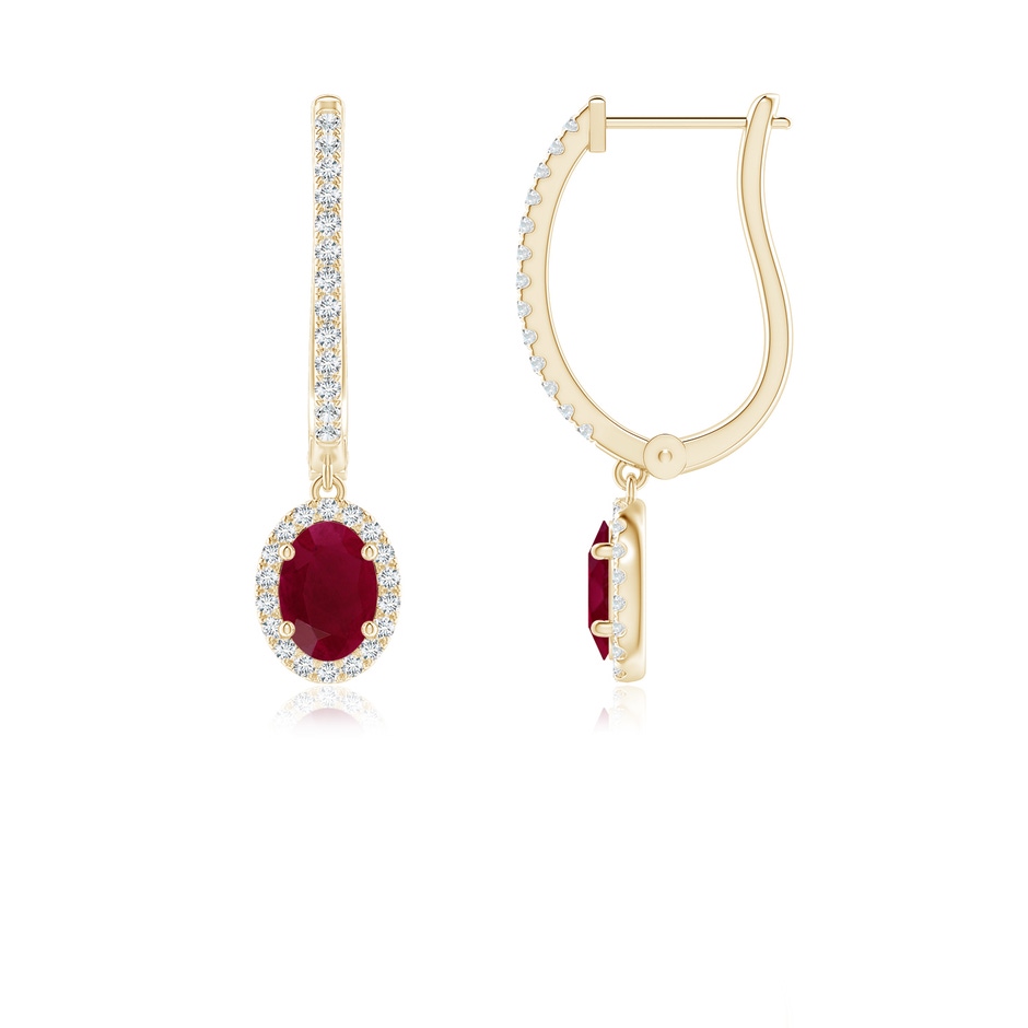 6x4mm A Oval Ruby Halo Huggie Hoop Drop Earrings in Yellow Gold 