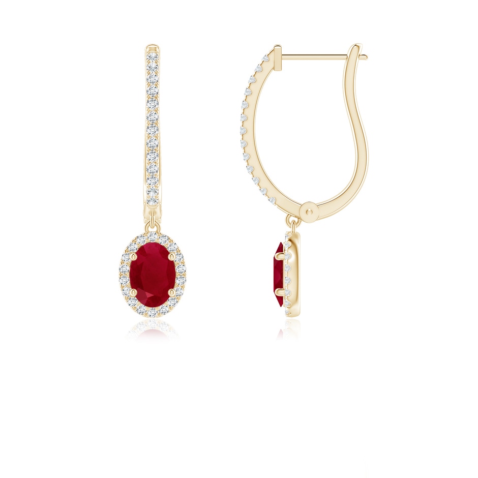 6x4mm AA Oval Ruby Halo Huggie Hoop Drop Earrings in Yellow Gold 