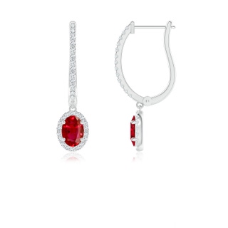 6x4mm AAA Oval Ruby Halo Huggie Hoop Drop Earrings in P950 Platinum