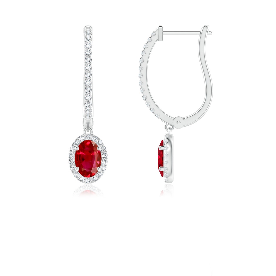 6x4mm AAA Oval Ruby Halo Huggie Hoop Drop Earrings in White Gold 