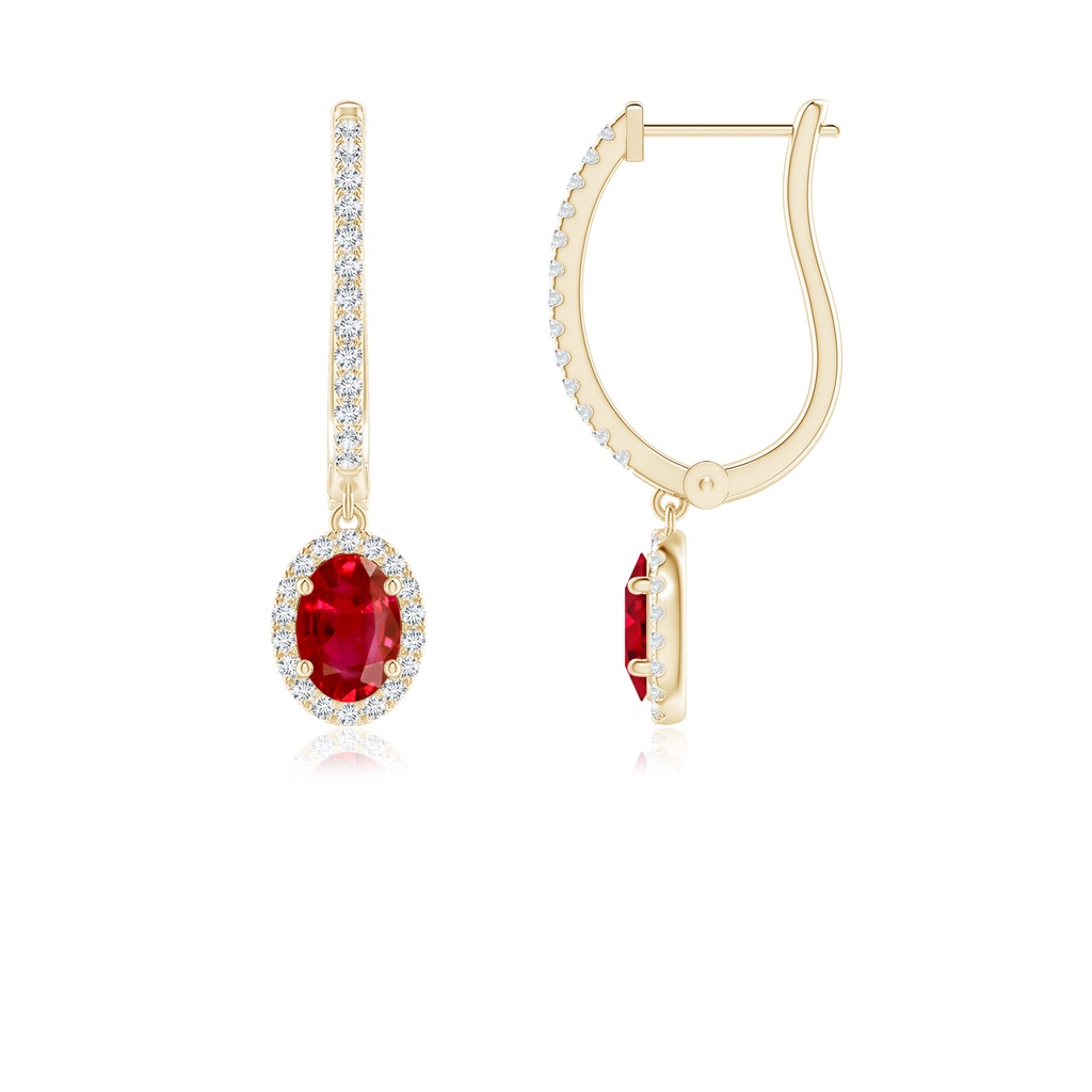 6x4mm AAA Oval Ruby Halo Huggie Hoop Drop Earrings in Yellow Gold