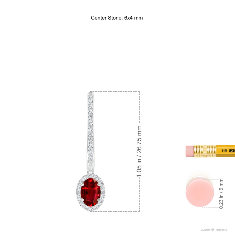 6x4mm AAAA Oval Ruby Halo Huggie Hoop Drop Earrings in P950 Platinum ruler