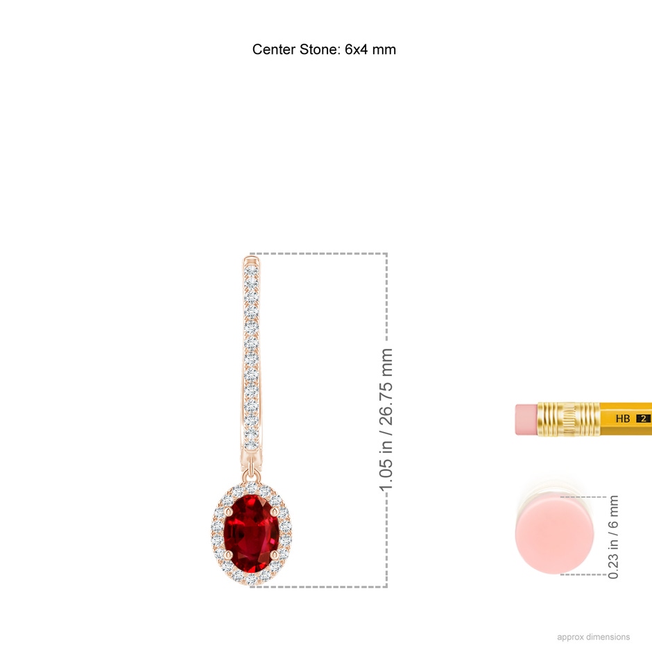 6x4mm AAAA Oval Ruby Halo Huggie Hoop Drop Earrings in Rose Gold ruler