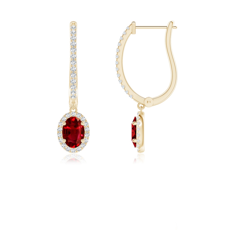6x4mm AAAA Oval Ruby Halo Huggie Hoop Drop Earrings in Yellow Gold 