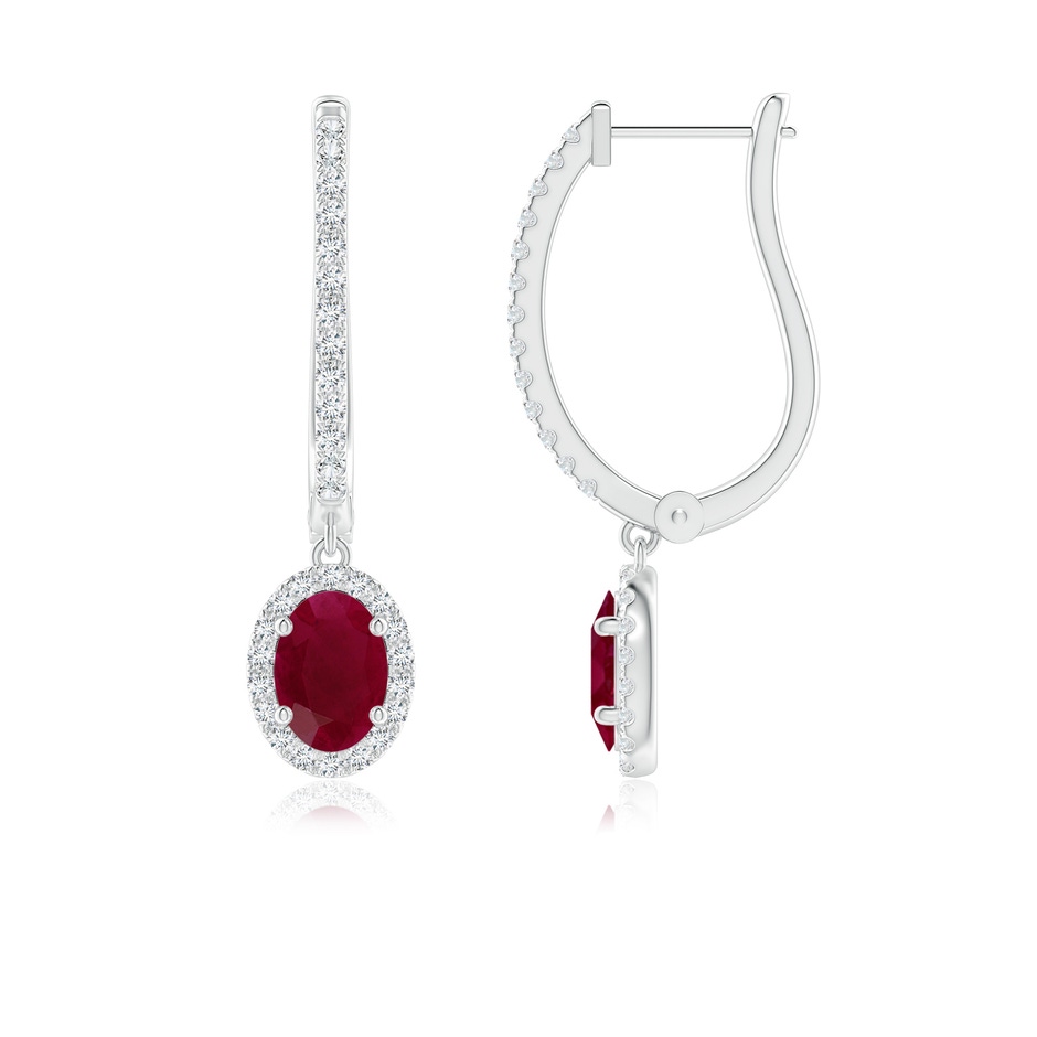 7x5mm A Oval Ruby Halo Huggie Hoop Drop Earrings in White Gold 