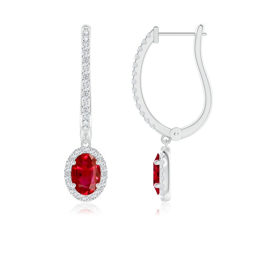 7x5mm AAA Oval Ruby Halo Huggie Hoop Drop Earrings in P950 Platinum 
