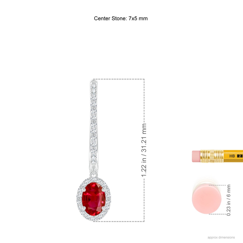 7x5mm AAA Oval Ruby Halo Huggie Hoop Drop Earrings in P950 Platinum ruler