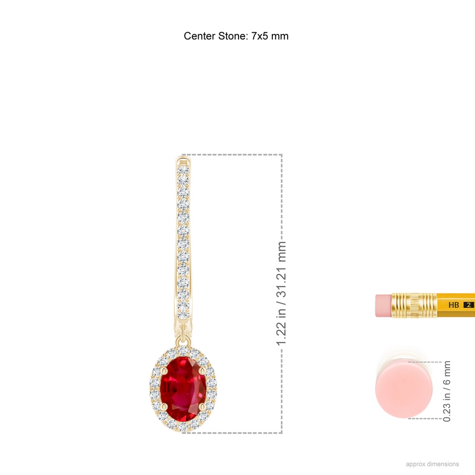 7x5mm AAA Oval Ruby Halo Huggie Hoop Drop Earrings in Yellow Gold ruler