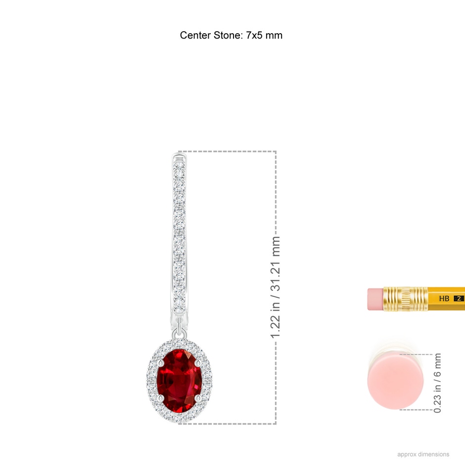 7x5mm AAAA Oval Ruby Halo Huggie Hoop Drop Earrings in P950 Platinum ruler