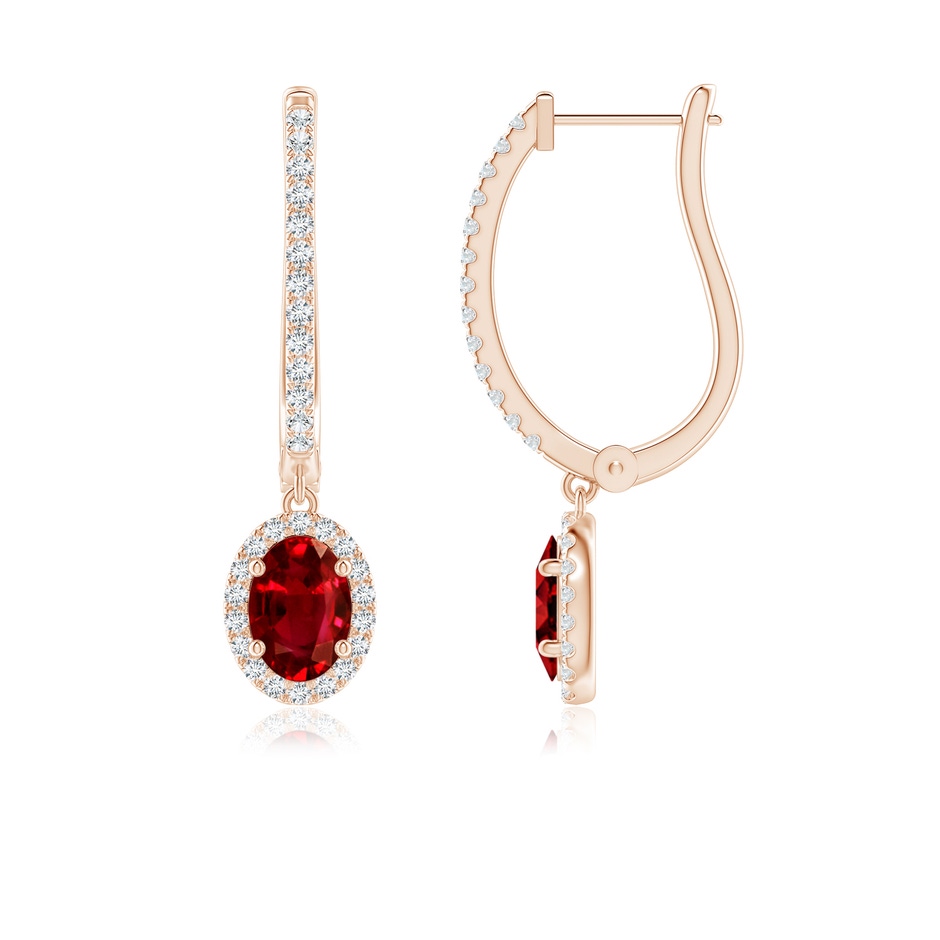 7x5mm AAAA Oval Ruby Halo Huggie Hoop Drop Earrings in Rose Gold 