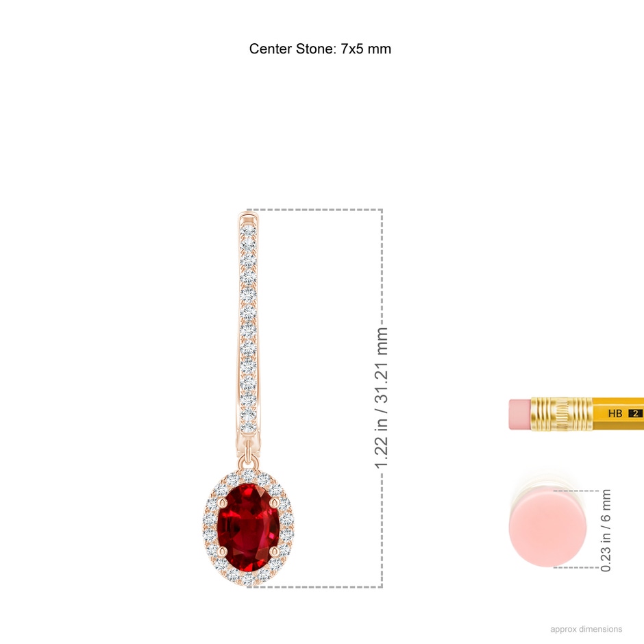 7x5mm AAAA Oval Ruby Halo Huggie Hoop Drop Earrings in Rose Gold ruler
