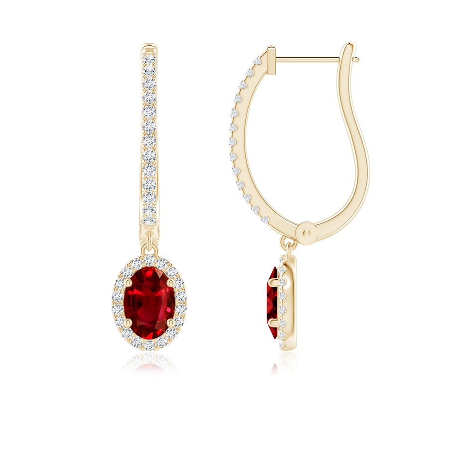7x5mm AAAA Oval Ruby Halo Huggie Hoop Drop Earrings in Yellow Gold 