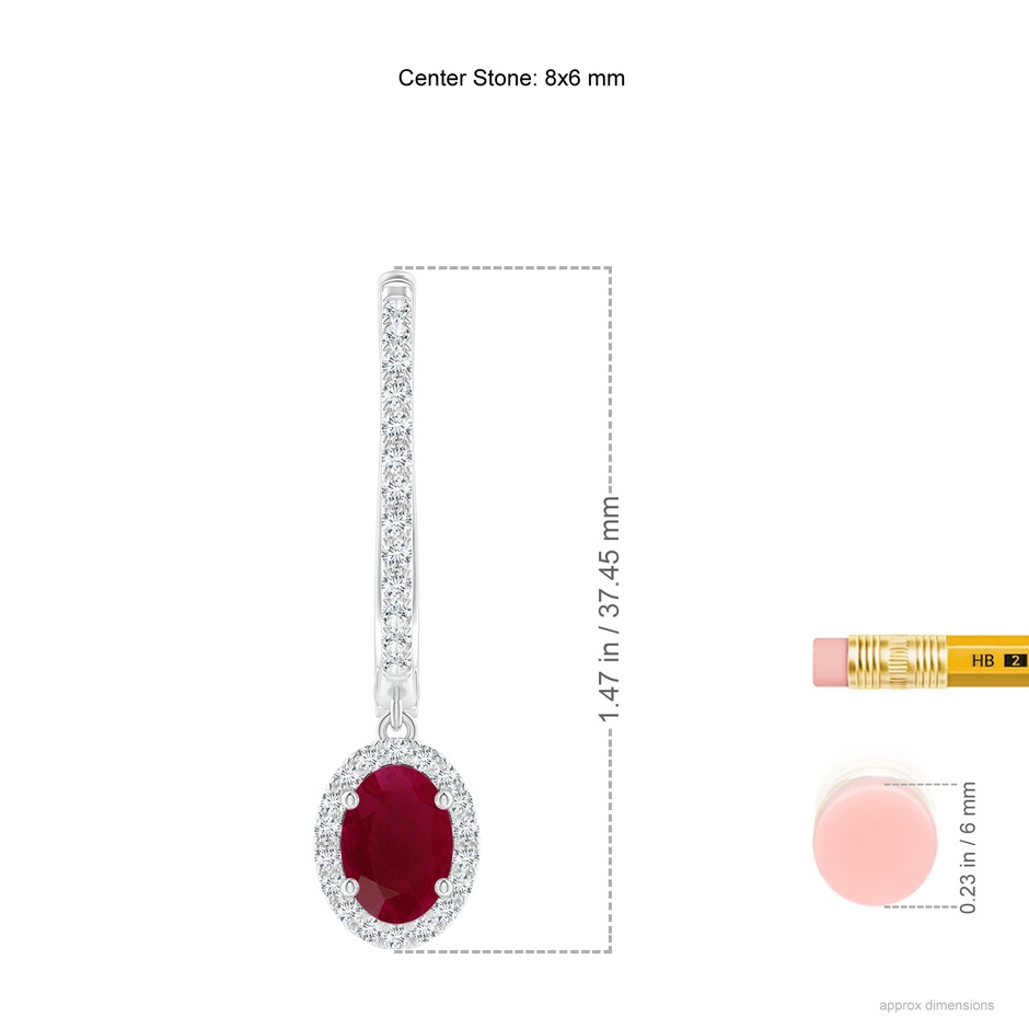 8x6mm A Oval Ruby Halo Huggie Hoop Drop Earrings in White Gold ruler