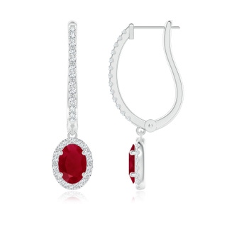 8x6mm AA Oval Ruby Halo Huggie Hoop Drop Earrings in P950 Platinum