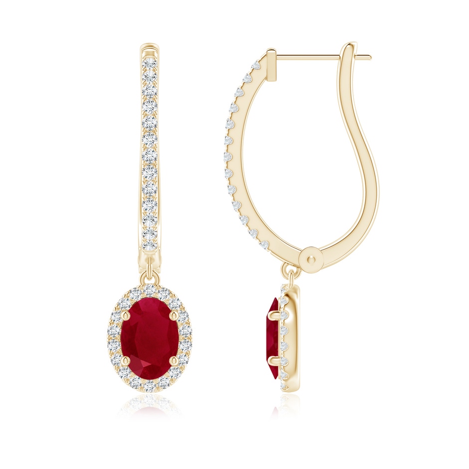 8x6mm AA Oval Ruby Halo Huggie Hoop Drop Earrings in Yellow Gold 